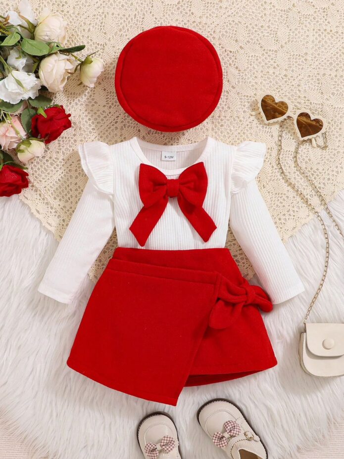 Conjunto 3 pzs boina roja blusa y falda - Imagen 2