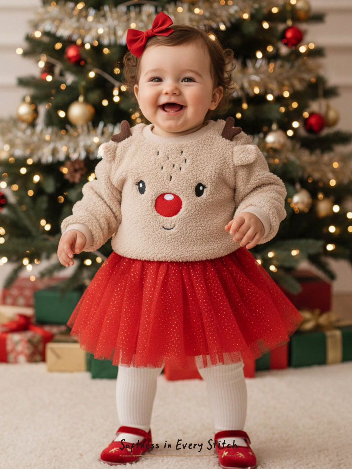 Falda tul roja y suéter reno